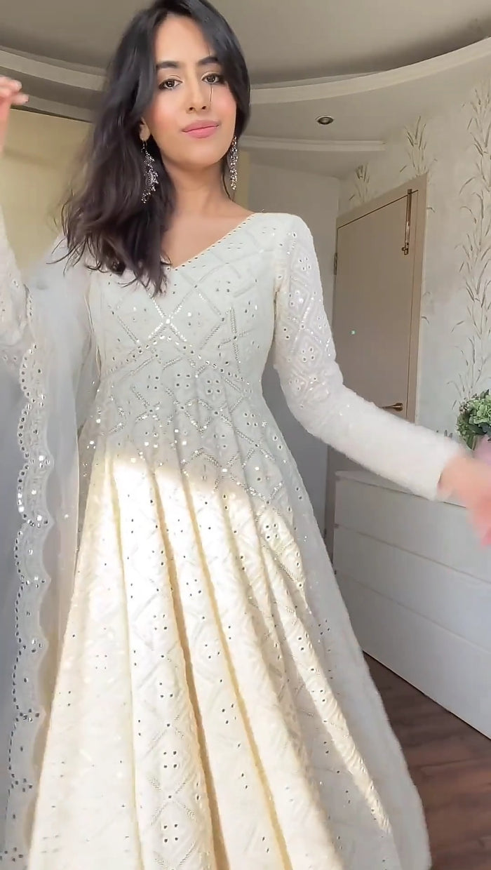 White Embroidered Georgette Anarkali Fully Stitched Suit Set