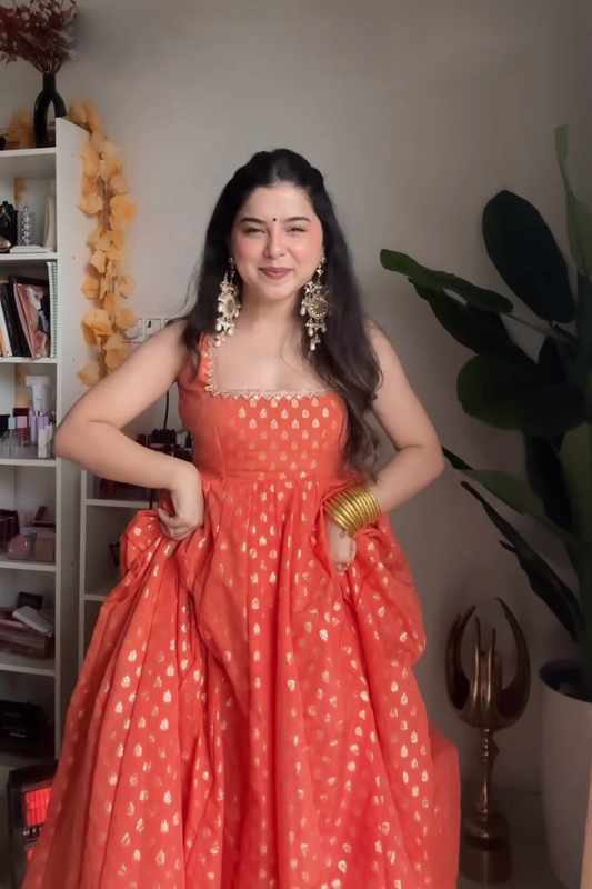 Premium  Jacquard Anarkali Gown Set With Embroidered Organza  Dupatta