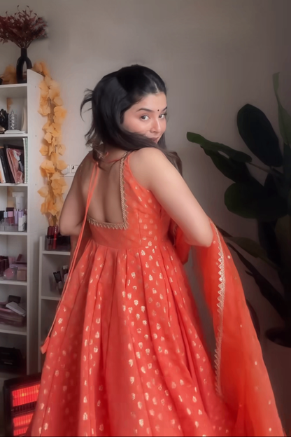Premium  Jacquard Anarkali Gown Set With Embroidered Organza  Dupatta