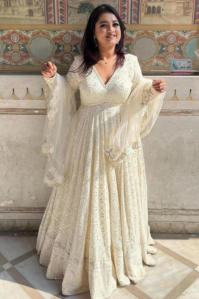 Classy Off-White Soft Georgette Anarkali Gown Intricate Embroidery Sequin Work