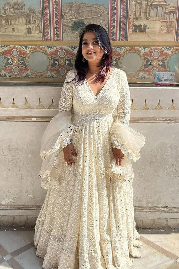 Classy Off-White Soft Georgette Anarkali Gown Intricate Embroidery Sequin Work