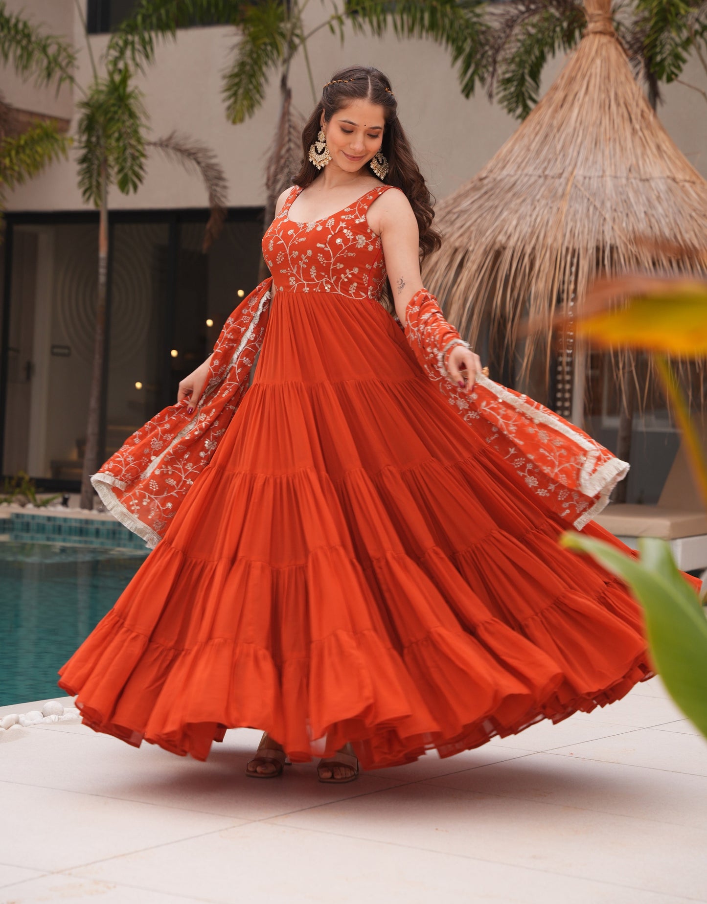 Orange Color Georgette Five Layer Ruffle Style Anarkali suits