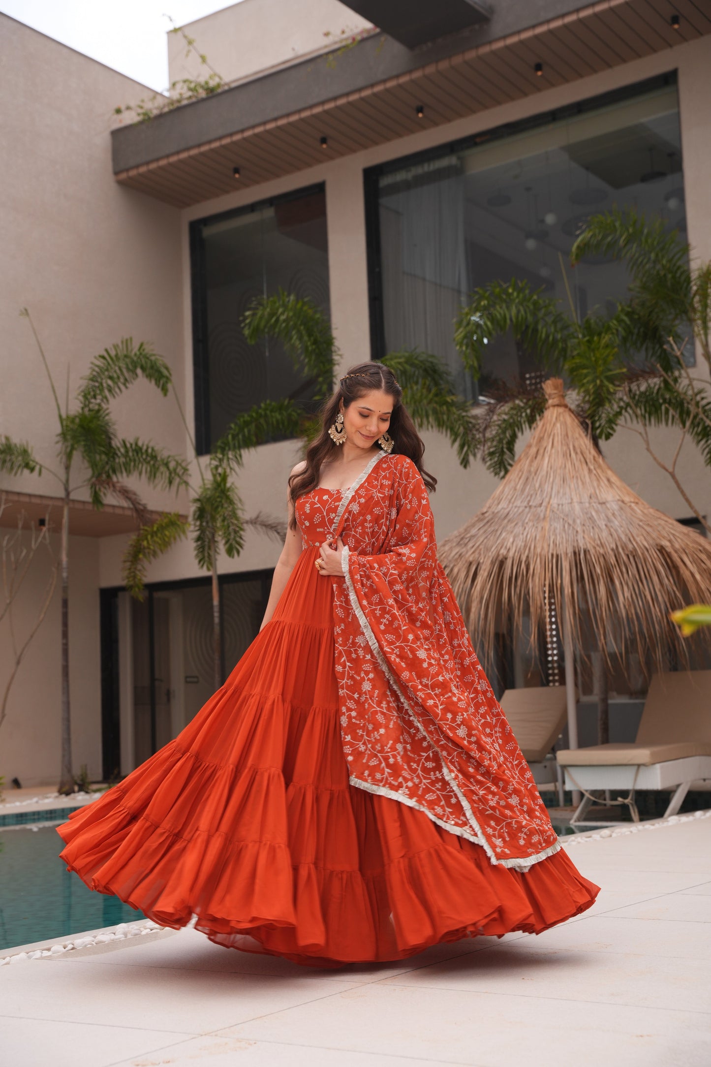 Orange Color Georgette Five Layer Ruffle Style Anarkali suits