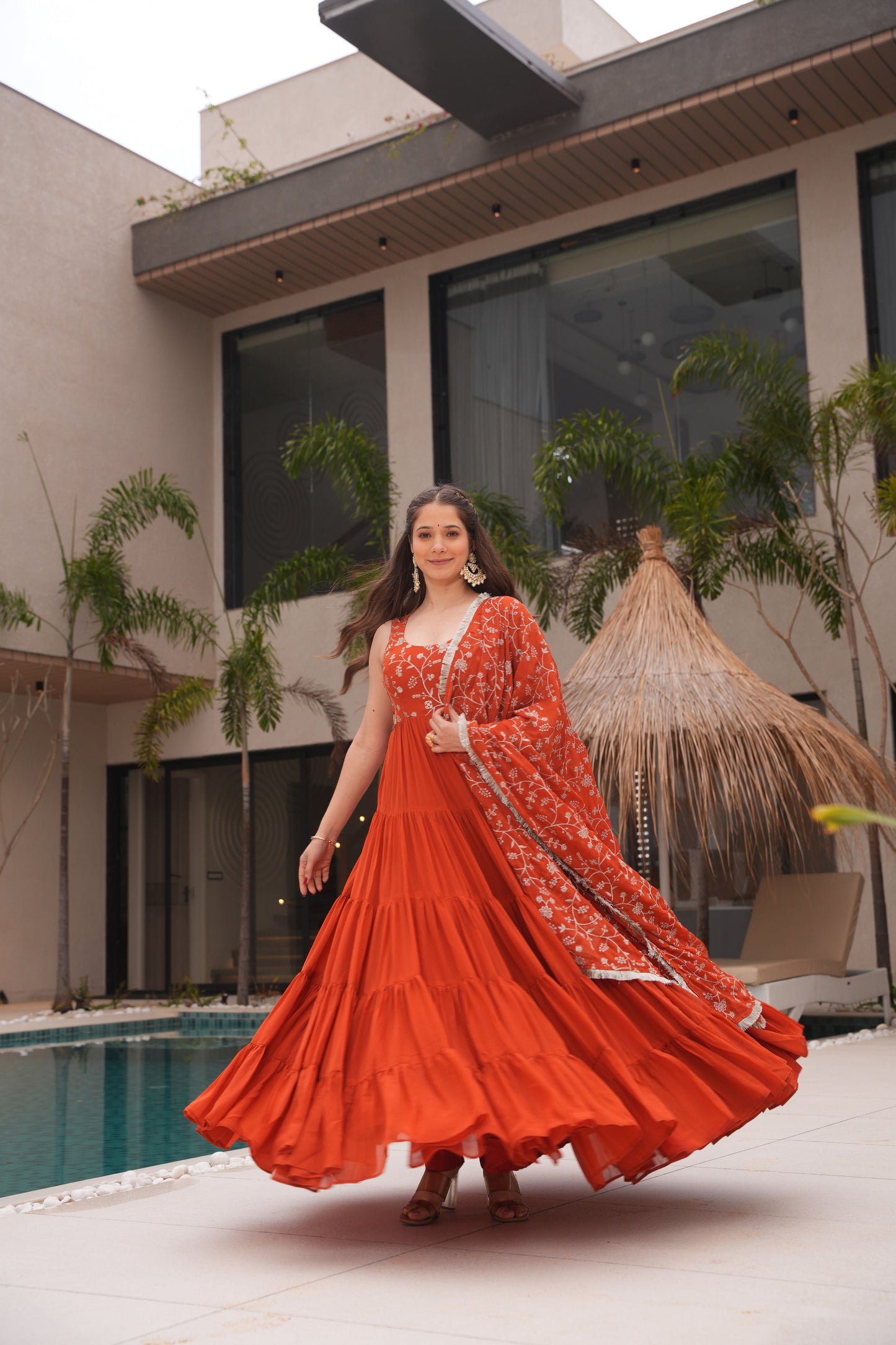Orange Color Georgette Five Layer Ruffle Style Anarkali suits
