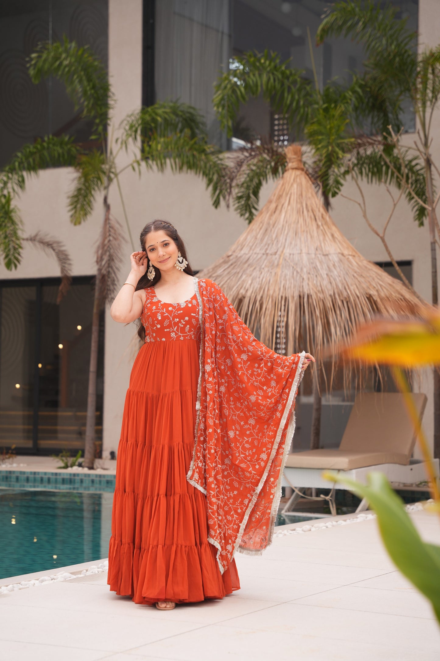 Orange Color Georgette Five Layer Ruffle Style Anarkali suits
