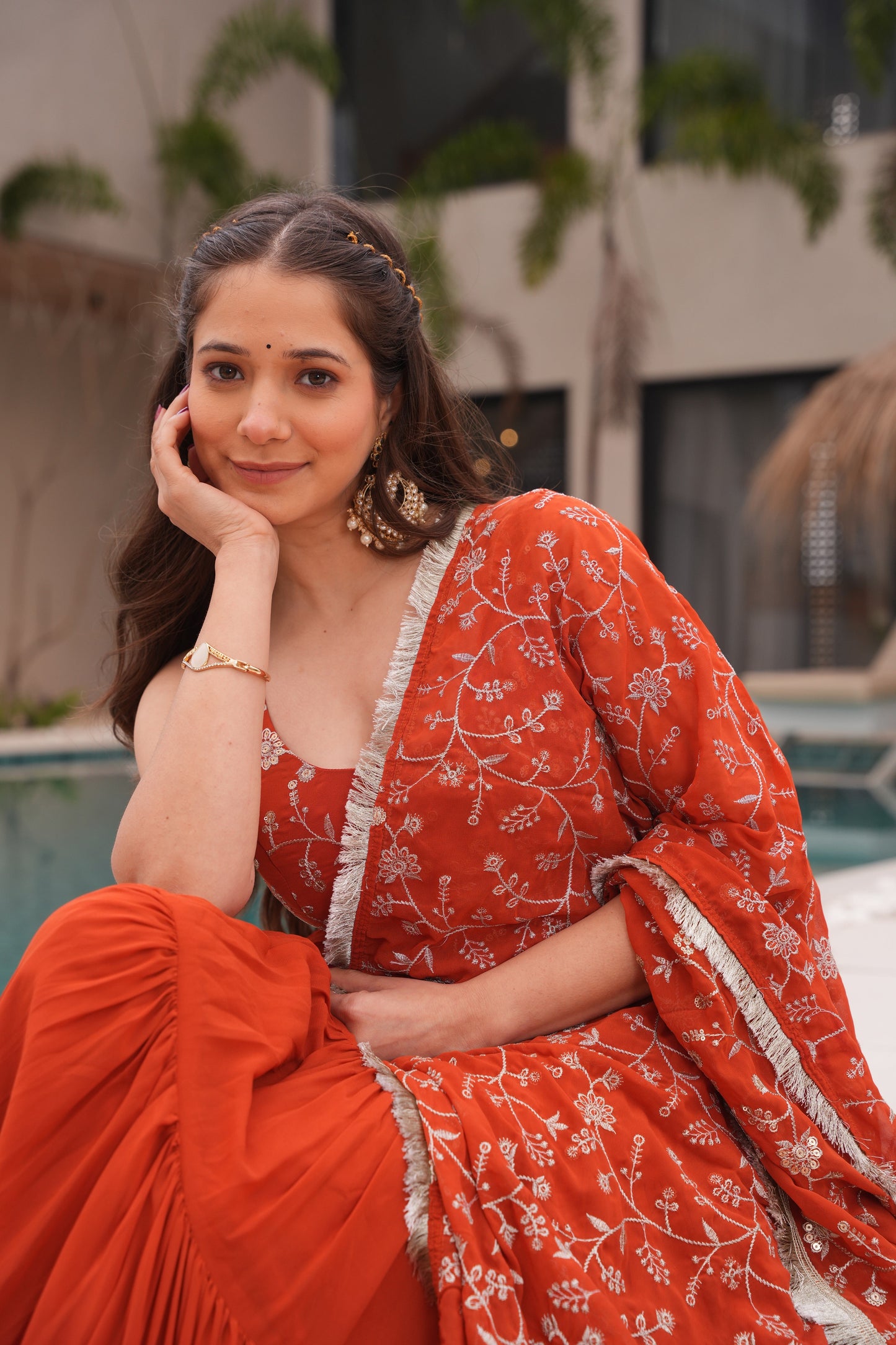 Orange Color Georgette Five Layer Ruffle Style Anarkali suits