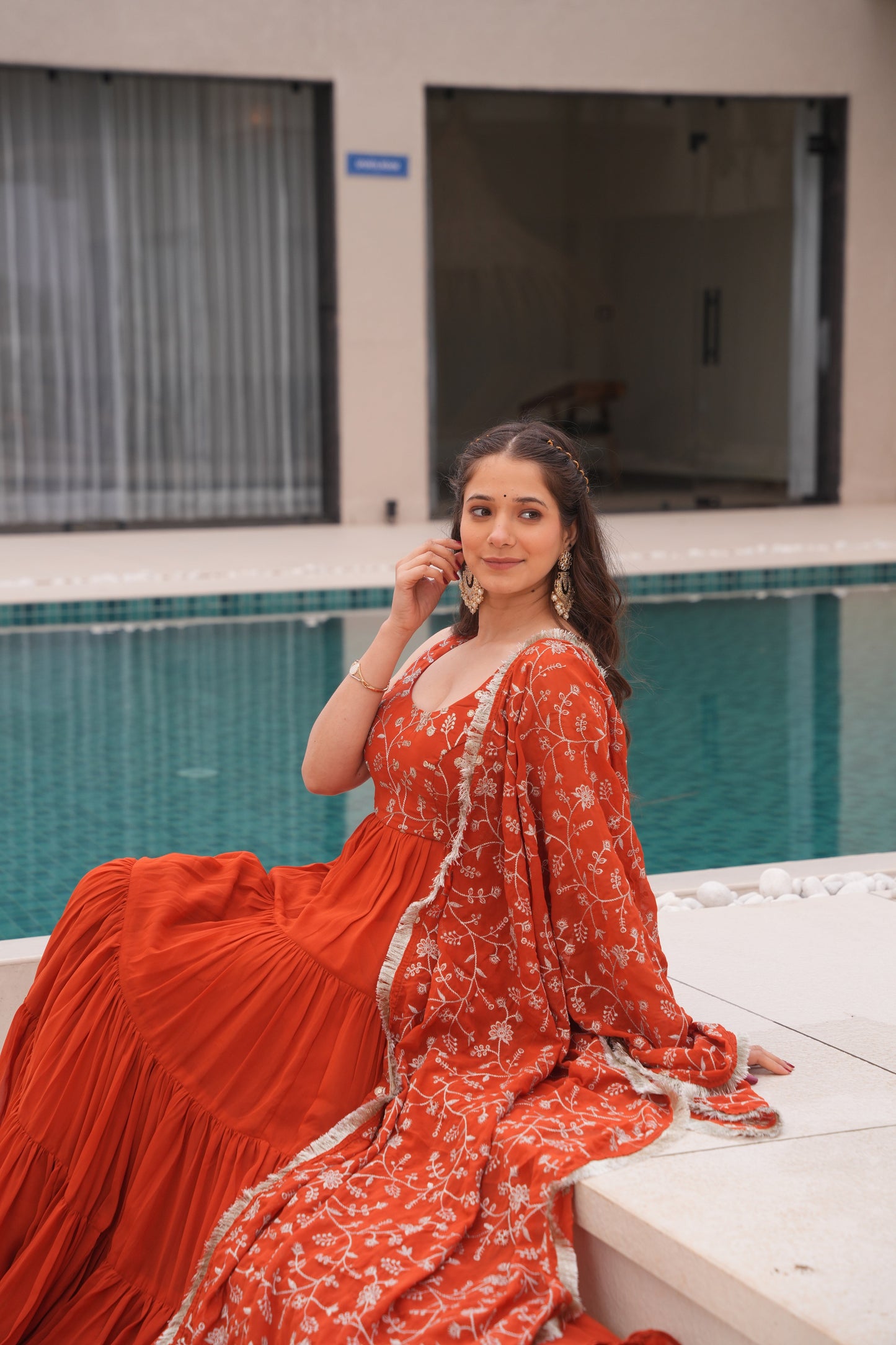 Orange Color Georgette Five Layer Ruffle Style Anarkali suits