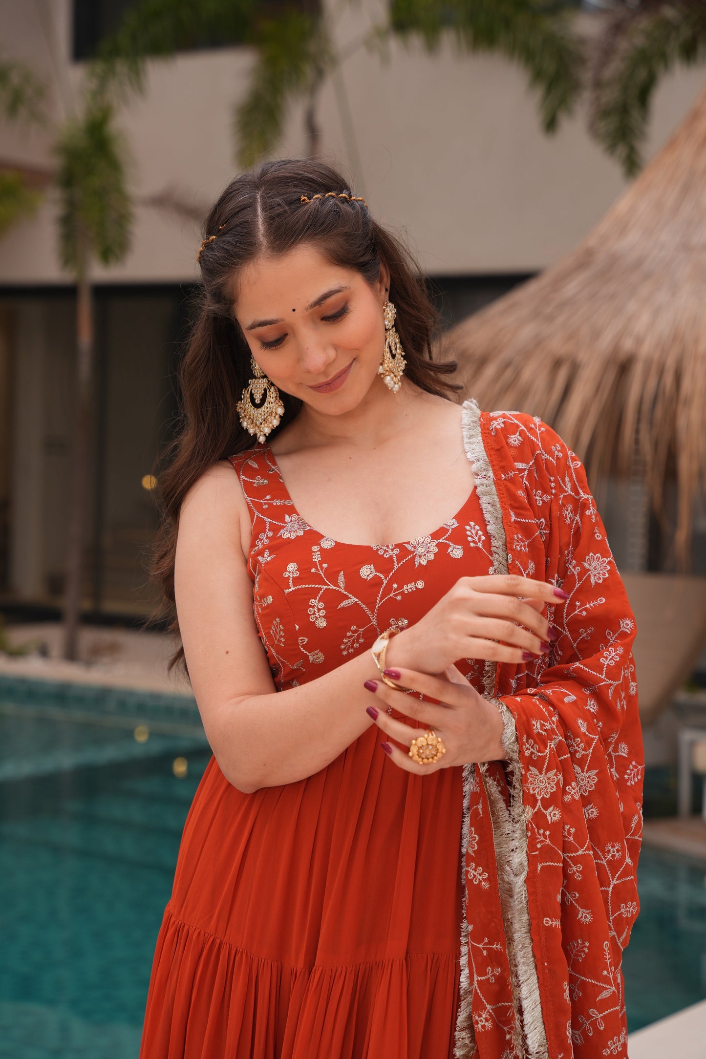 Orange Color Georgette Five Layer Ruffle Style Anarkali suits