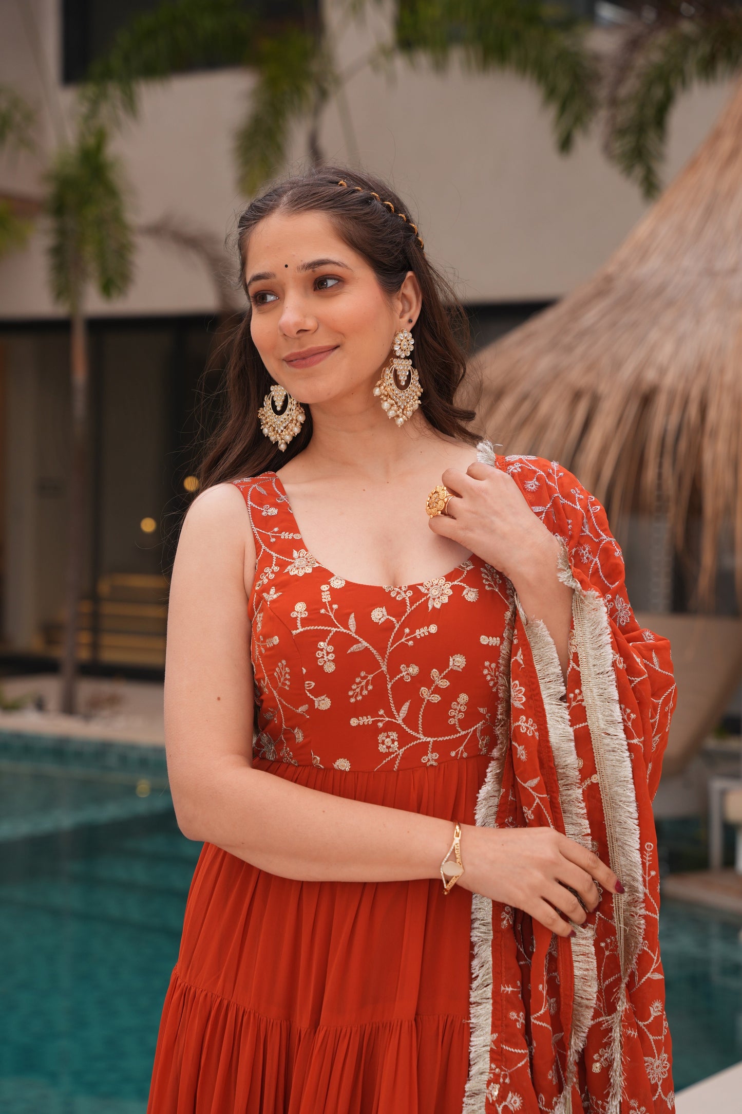 Orange Color Georgette Five Layer Ruffle Style Anarkali suits