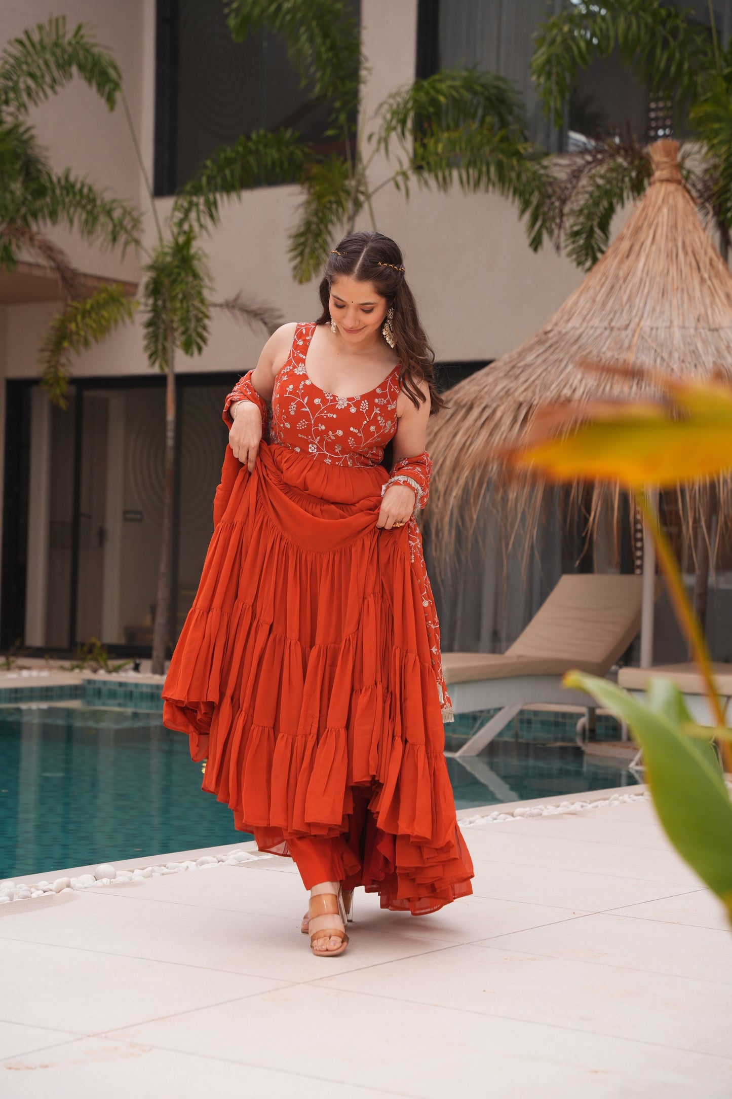 Orange Color Georgette Five Layer Ruffle Style Anarkali suits