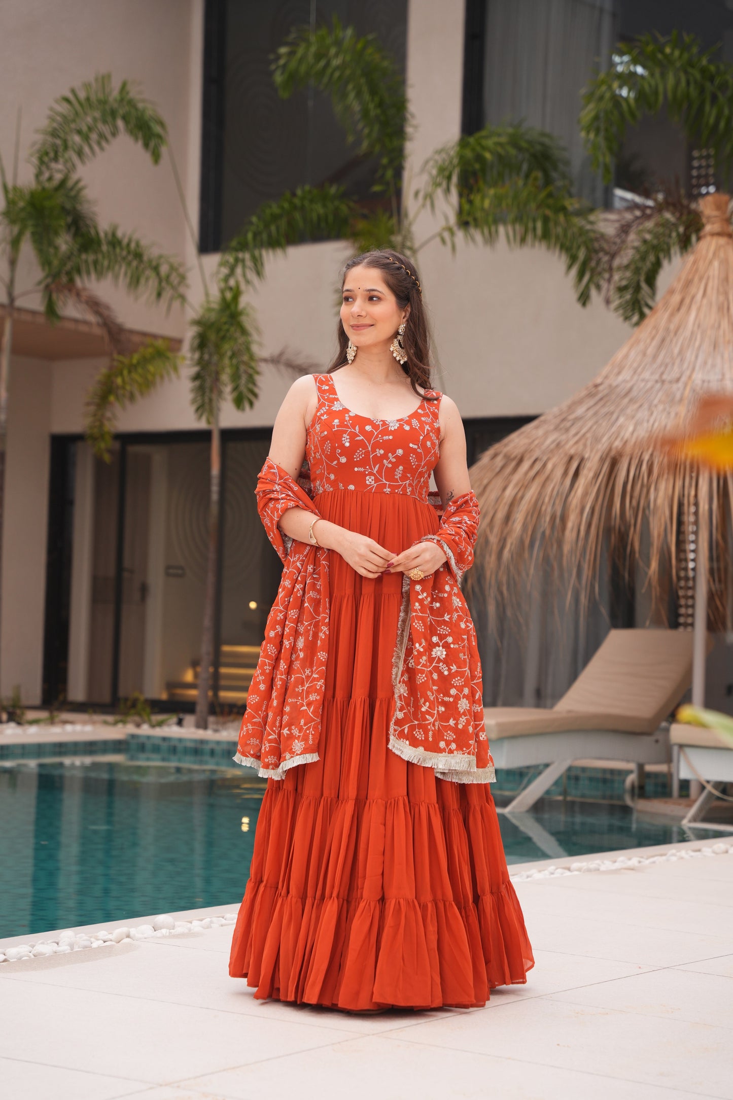 Orange Color Georgette Five Layer Ruffle Style Anarkali suits