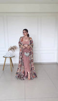 Peach Color Western 3 Piece Set With Digital Print Shrug
