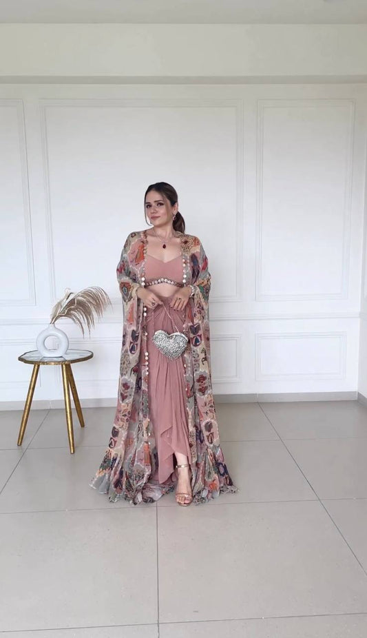 Peach Color Western 3 Piece Set With Digital Print Shrug