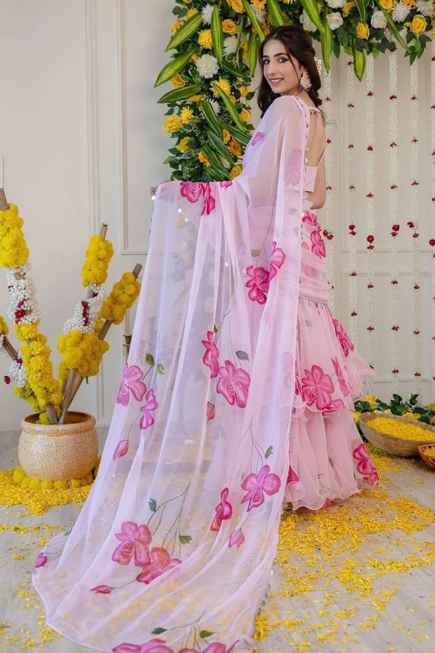 Elegance Pink Floral Faux Georgette Ready-to-Wear Saree with Frill Pallu