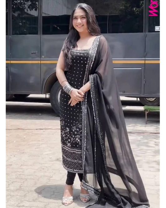 Royal Black Straight Kurti With Embroidered Elegance With Mirror Work