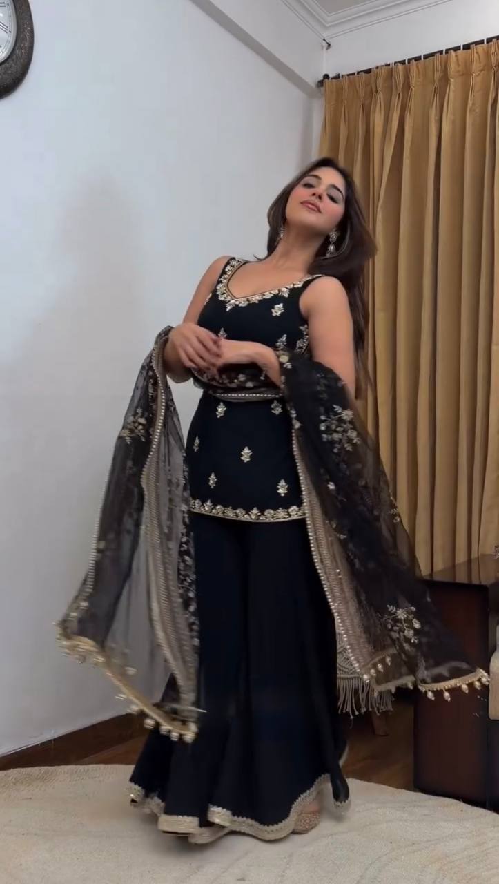 Premium Faux Georgette Palazzo Suit With Sequins Work