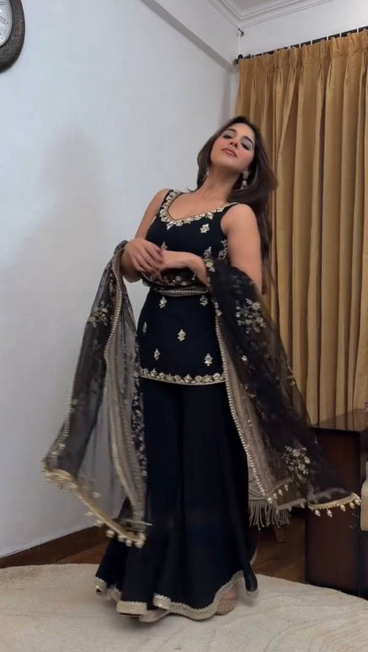 Premium Faux Georgette Palazzo Suit With Sequins Work