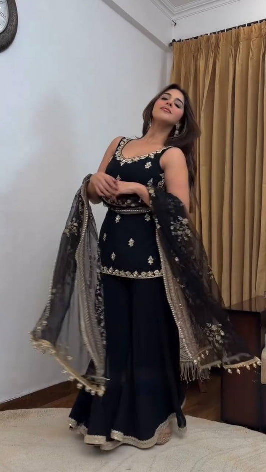Premium Faux Georgette Palazzo Suit With Sequins Work