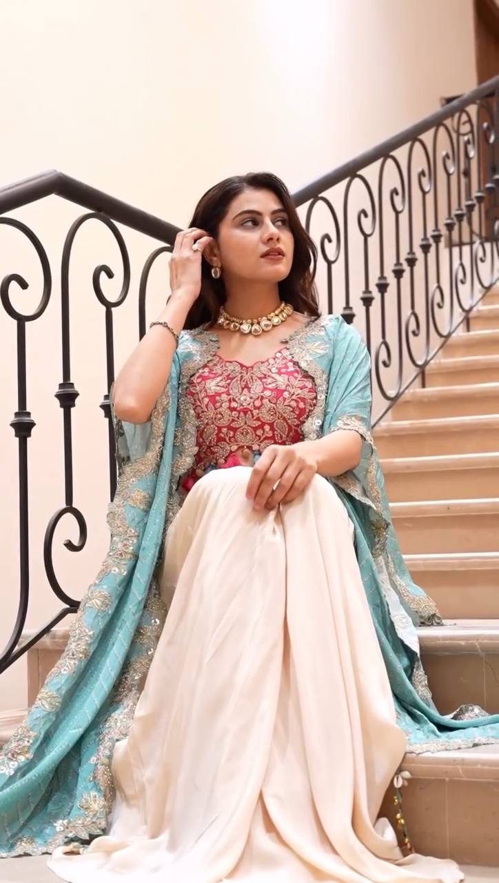 Cream Cowl Skirt Pink Blouse and Shrug With Embroiderry -Party Wear Outfits