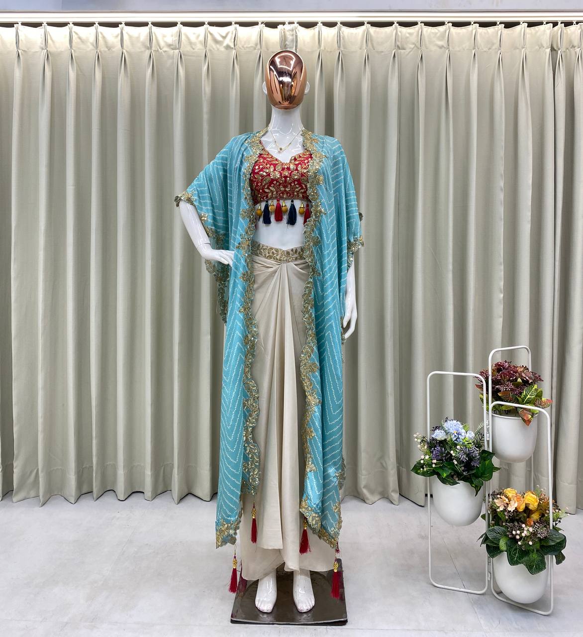 Cream Cowl Skirt Pink Blouse and Shrug With Embroiderry -Party Wear Outfits