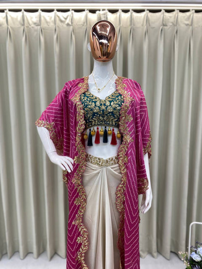 Cream Cowl Skirt Rama Blouse and Shrug With Embroidery