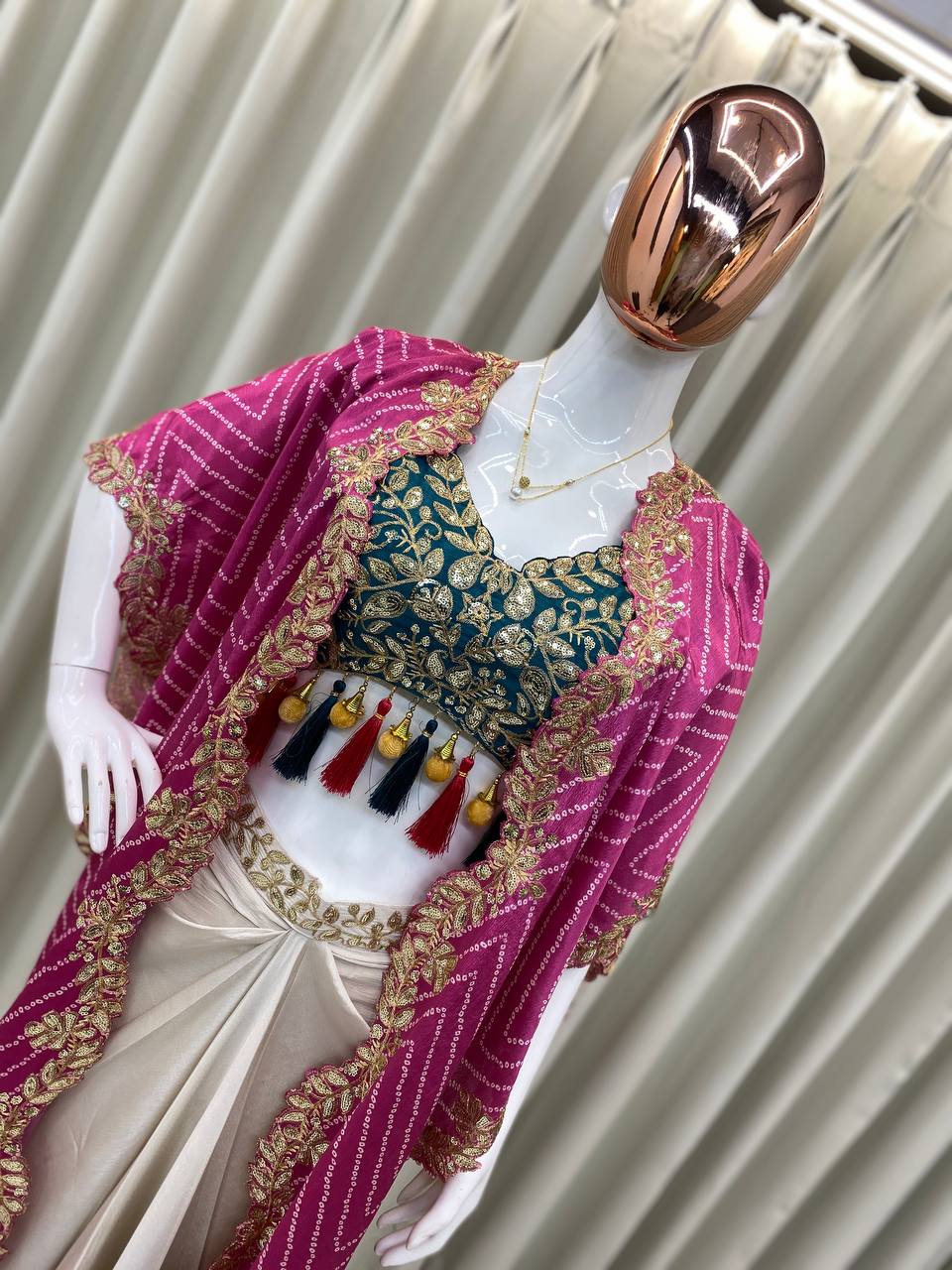 Cream Cowl Skirt Rama Blouse and Shrug With Embroidery