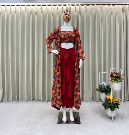 Marron Draped Knotted Skirt Blouse and Shrug With Print Party Wear Suits
