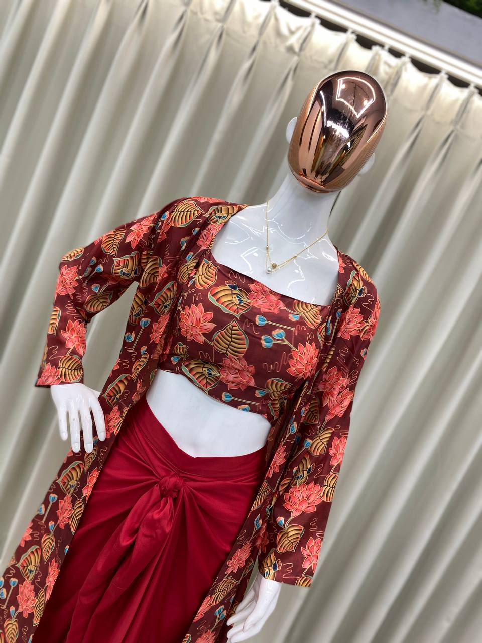 Marron Draped Knotted Skirt Blouse and Shrug With Print Party Wear Suits