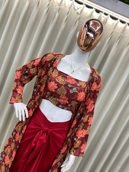 Marron Draped Knotted Skirt Blouse and Shrug With Print Party Wear Suits