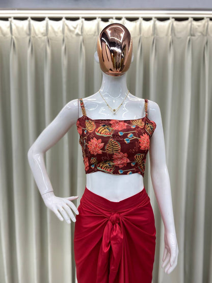 Marron Draped Knotted Skirt Blouse and Shrug With Print Party Wear Suits