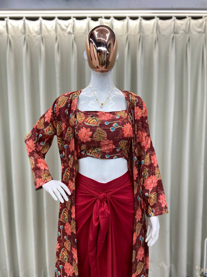 Marron Draped Knotted Skirt Blouse and Shrug With Print Party Wear Suits