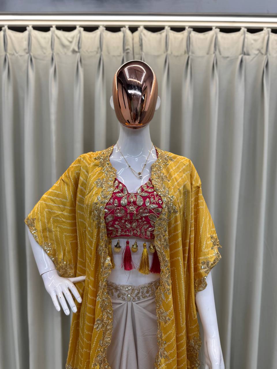 Cream Cowl Skirt Pink Blouse and Shrug With Embroidery -Party Wear Look