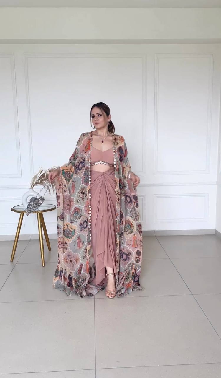 Peach Color Western 3 Piece Set With Digital Print Shrug