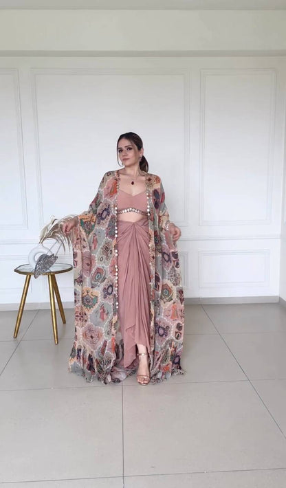 Peach Color Western 3 Piece Set With Digital Print Shrug