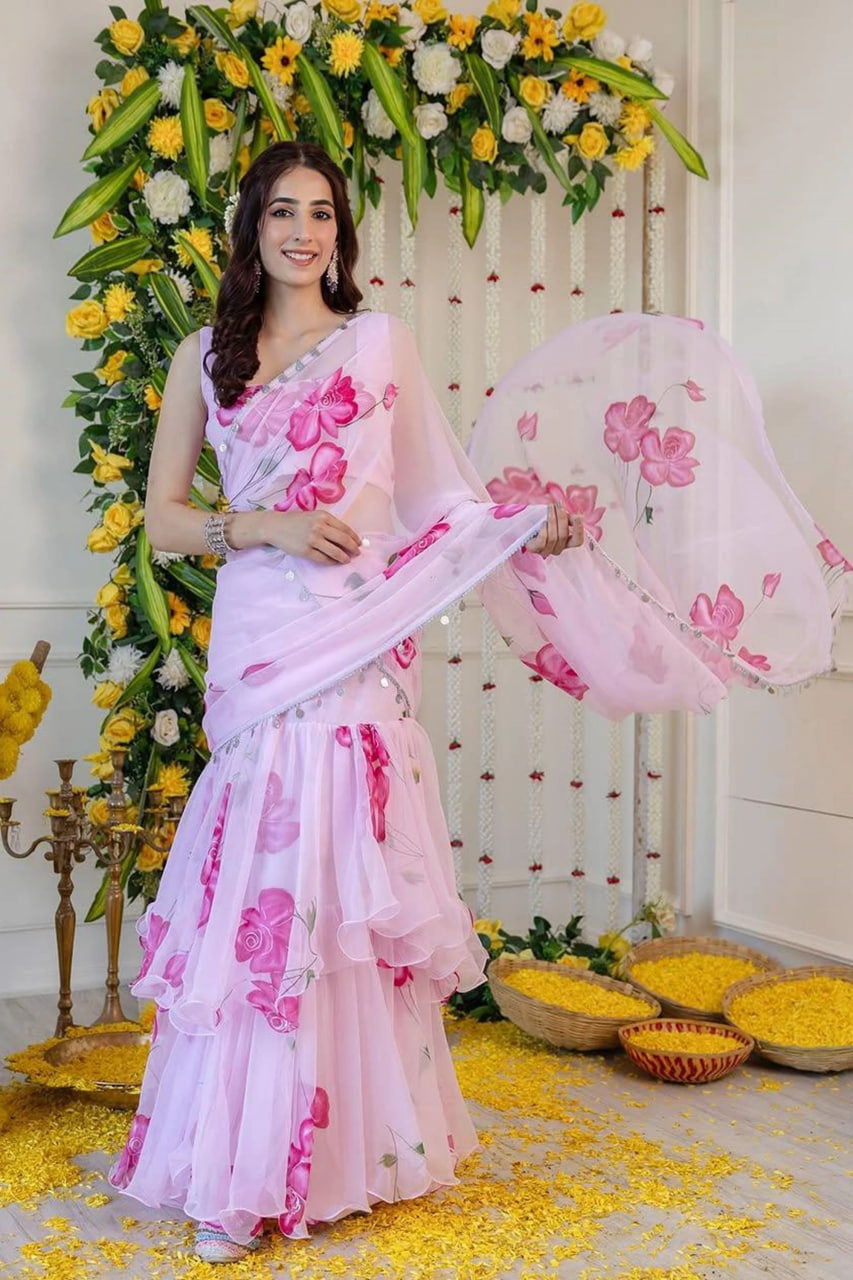 Elegance Pink Floral Faux Georgette Ready-to-Wear Saree with Frill Pallu