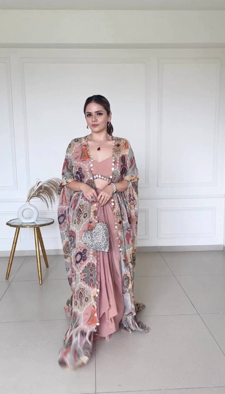 Peach Color Western 3 Piece Set With Digital Print Shrug