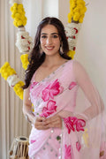 Elegance Pink Floral Faux Georgette Ready-to-Wear Saree with Frill Pallu