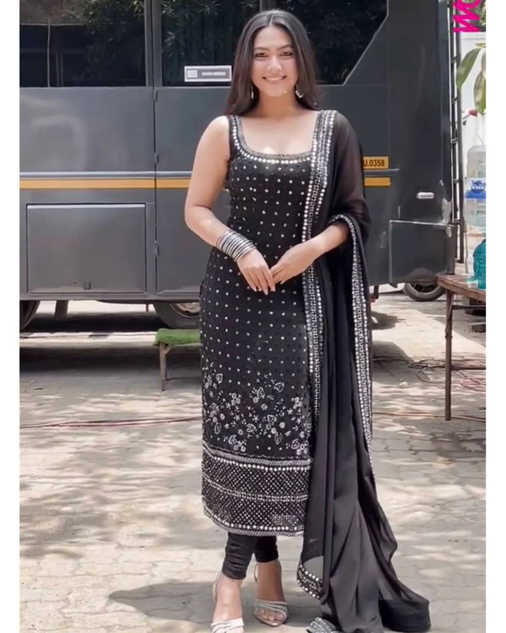 Royal Black Straight Kurti With Embroidered Elegance With Mirror Work