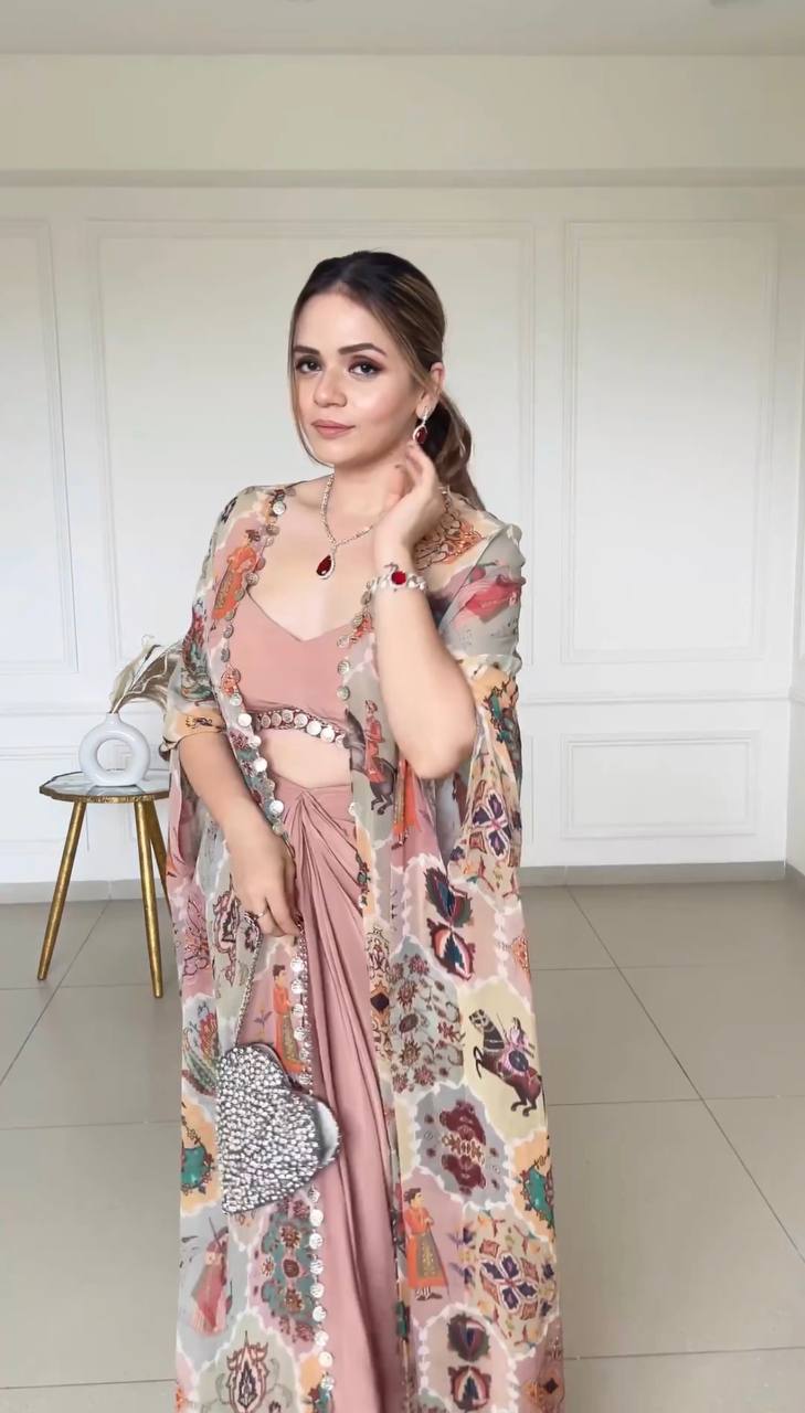 Peach Color Western 3 Piece Set With Digital Print Shrug