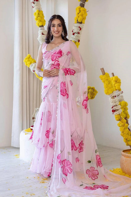 Elegance Pink Floral Faux Georgette Ready-to-Wear Saree with Frill Pallu