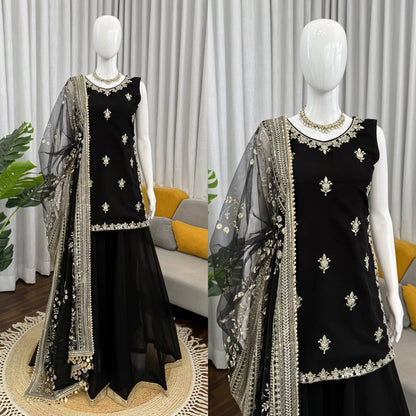 Premium Faux Georgette Palazzo Suit With Sequins Work