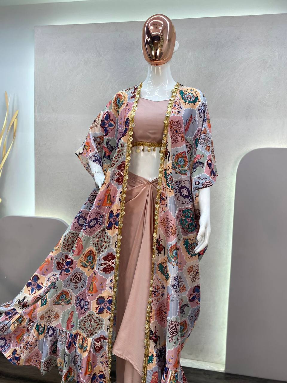 Peach Color Western 3 Piece Set With Digital Print Shrug