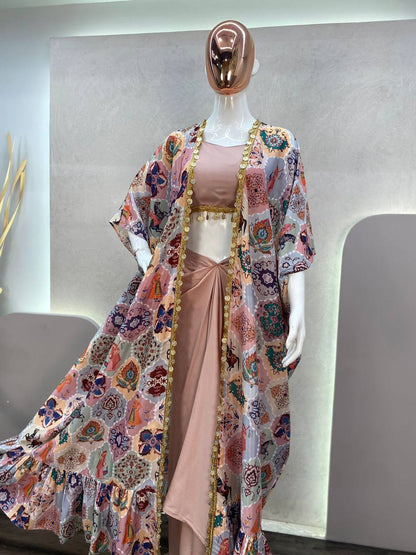 Peach Color Western 3 Piece Set With Digital Print Shrug