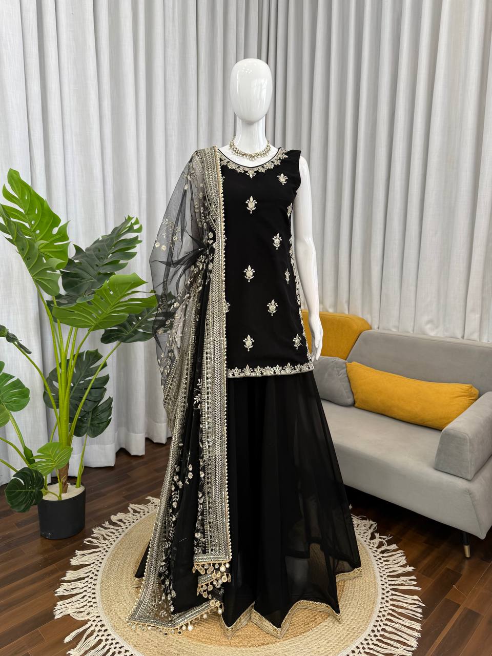 Premium Faux Georgette Palazzo Suit With Sequins Work
