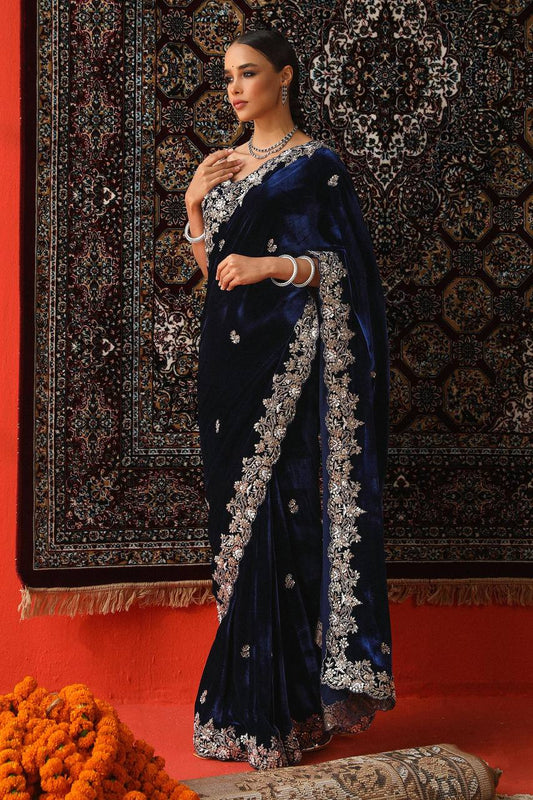 Navy Blue Viscose Velvet Designer Saree For Wedding Wear