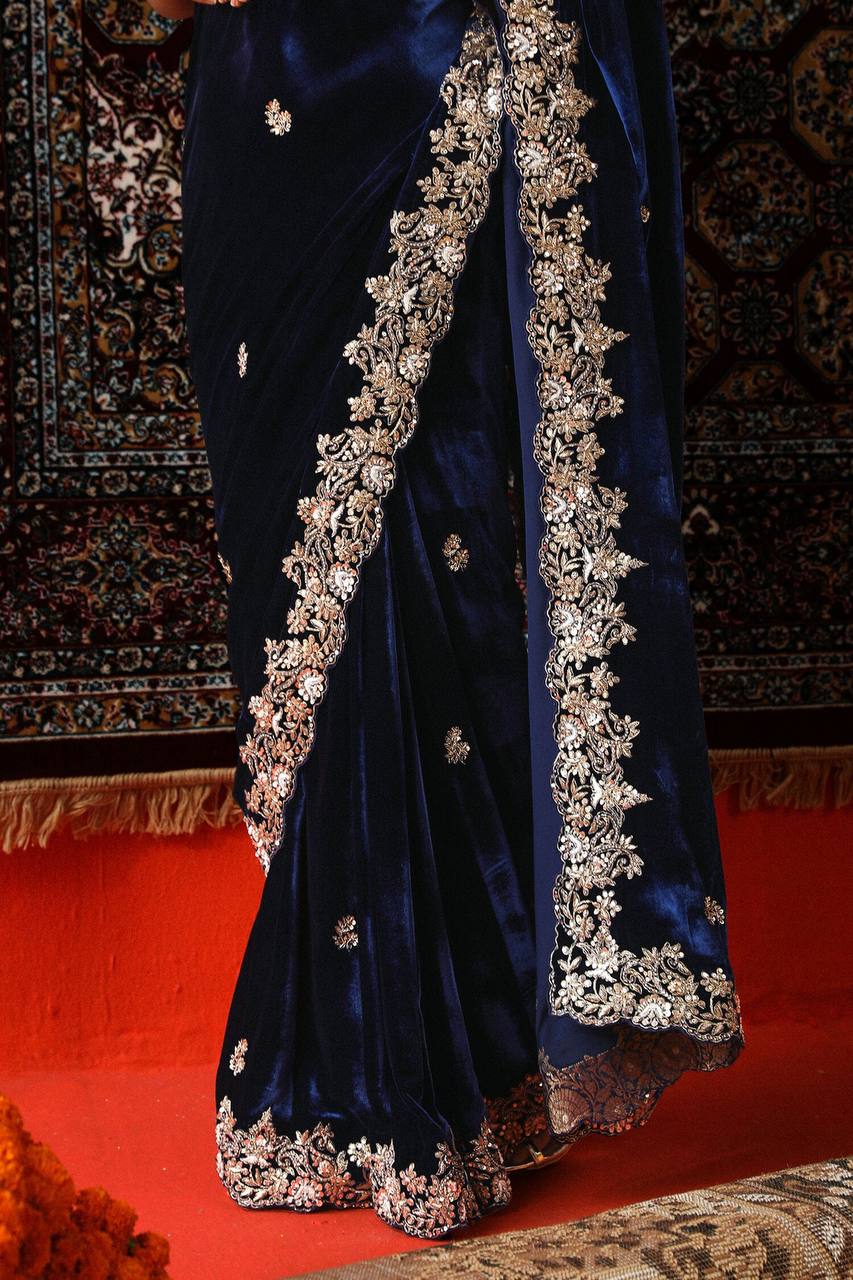 Navy Blue Viscose Velvet Designer Saree For Wedding Wear