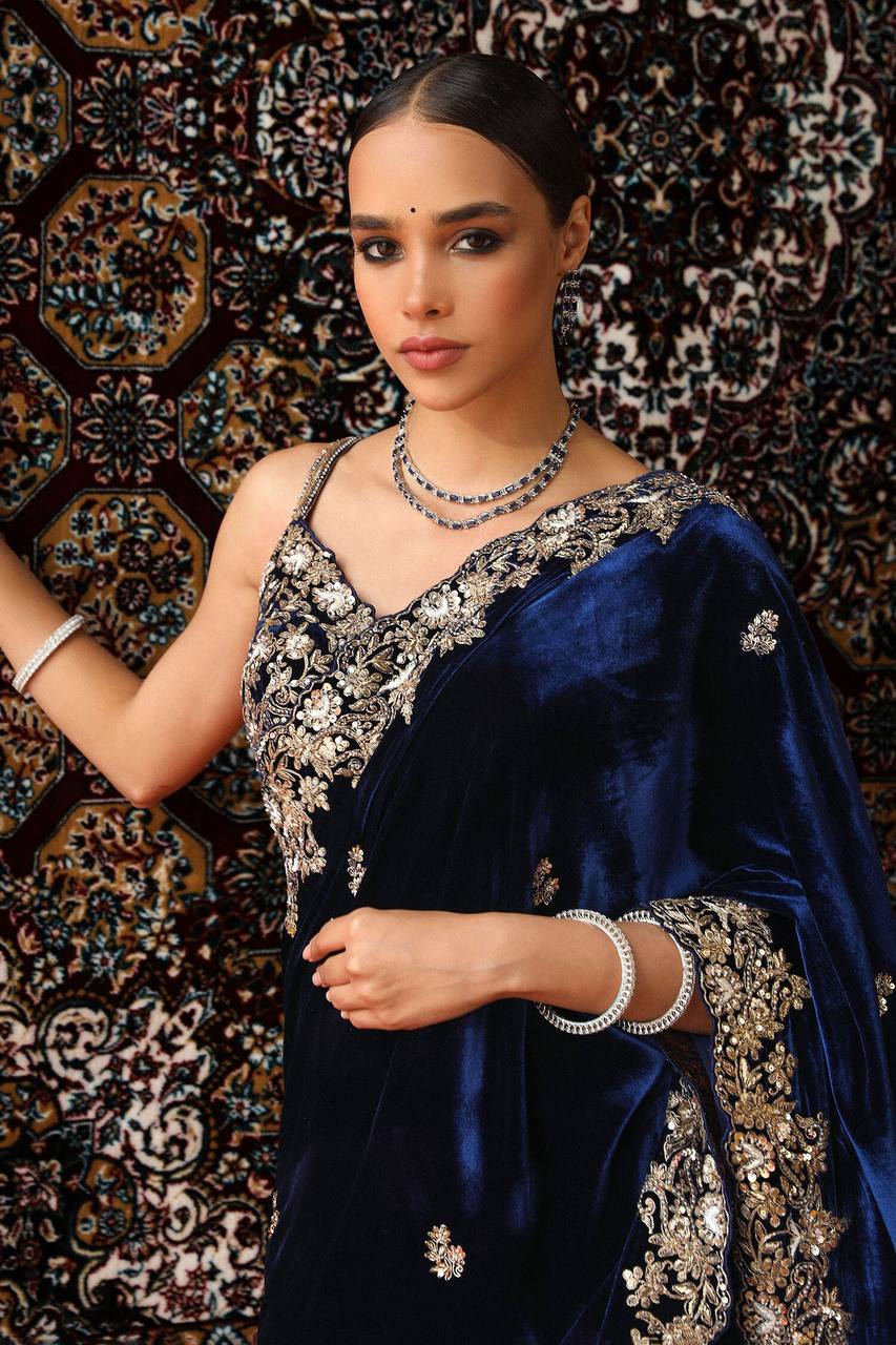 Navy Blue Viscose Velvet Designer Saree For Wedding Wear