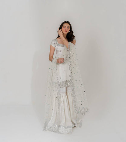 Elegant White Faux Georgette Sharara Suit with Mirror & Sequins Work