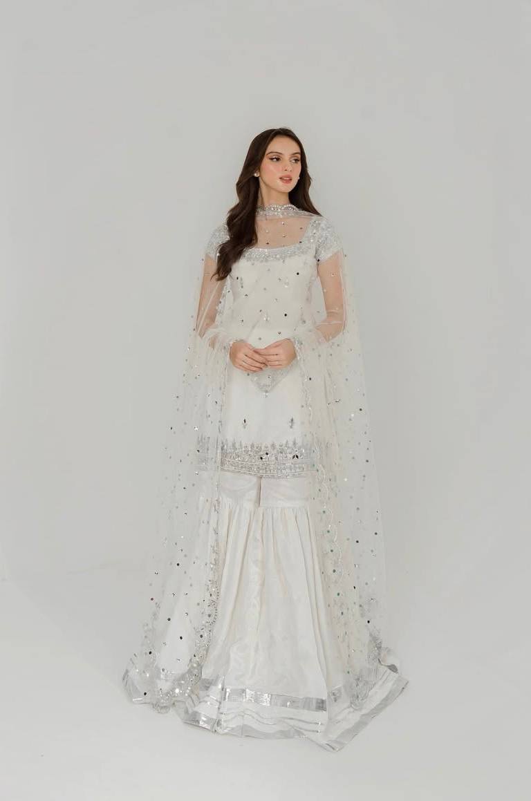 Elegant White Faux Georgette Sharara Suit with Mirror & Sequins Work