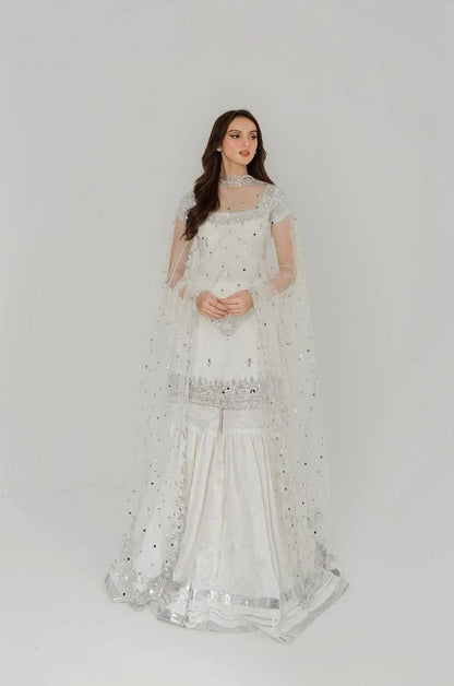 Elegant White Faux Georgette Sharara Suit with Mirror & Sequins Work